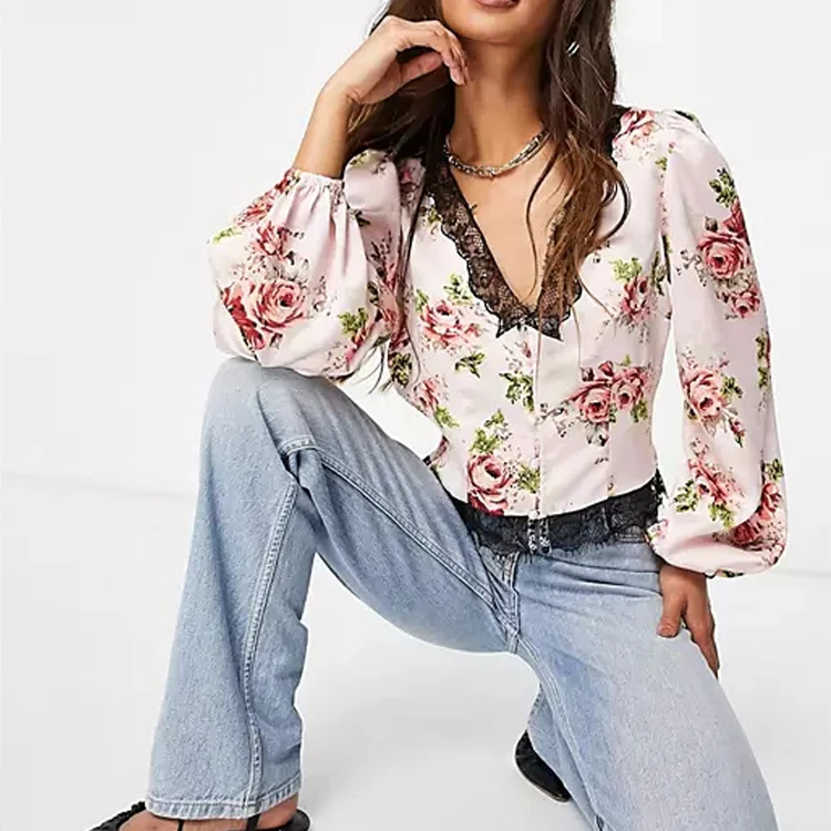 Summer Casual Blouses For Women Satin Long Sleeve Fashion Elegant Print Blouse Black Lace Neckline And Hem Blouses