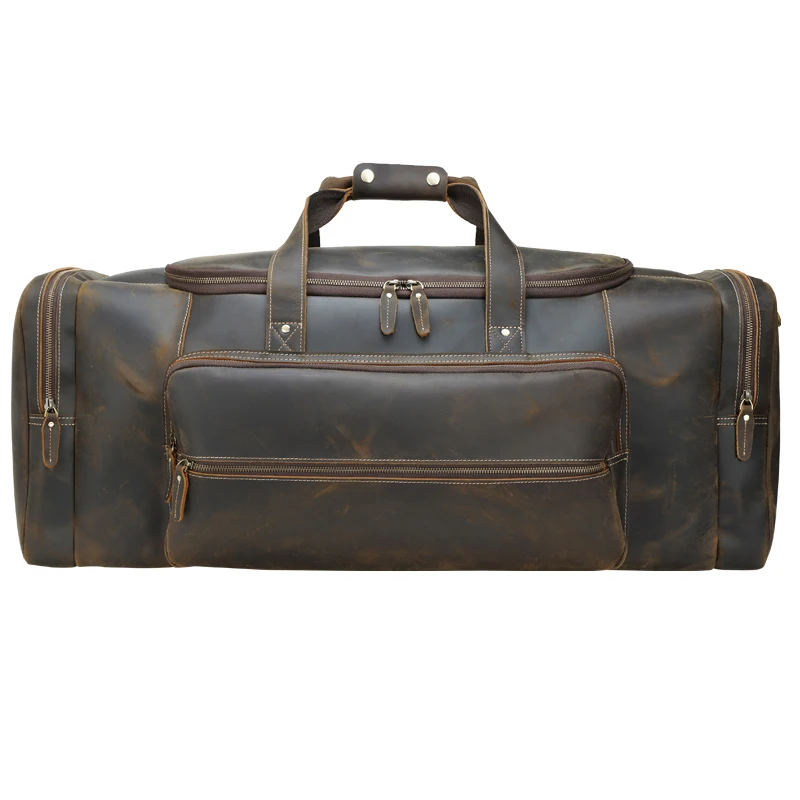 Large Volume Male Dark Brown Vintage Leather Duffle Weekend Travel Bag For Men With Full Grain Cowhide Crazy Horse Leather