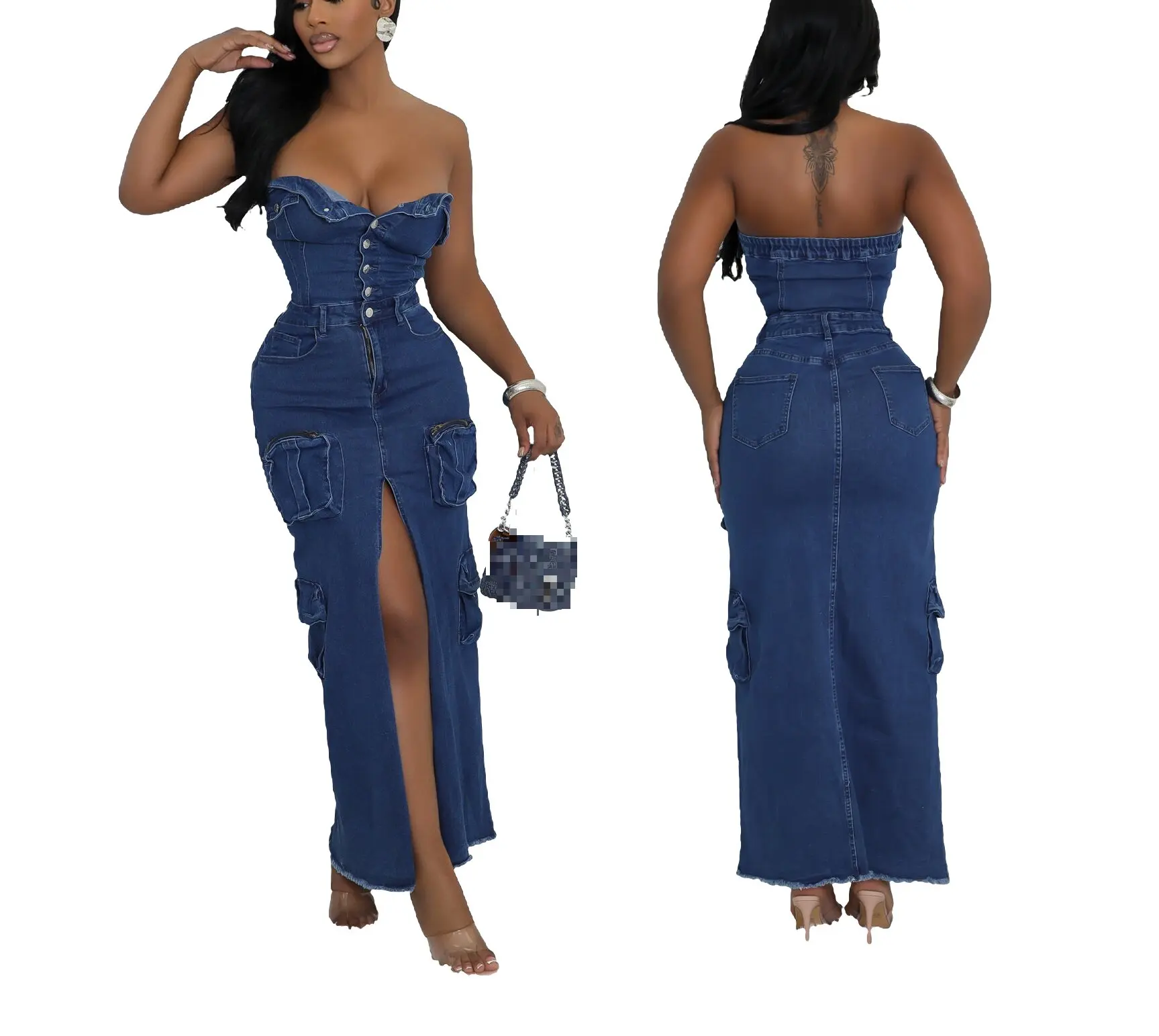 New Arrival Pocket Elastic Band Button Closure Tube Slit  Stretch Denim Dress