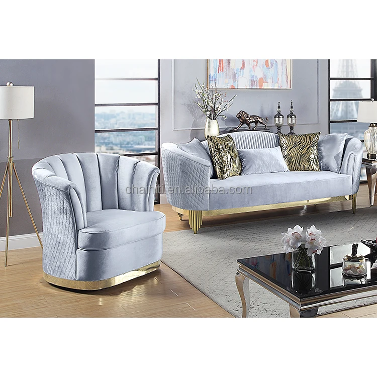 DongGuan Factory Chainiti Wholesaler Furniture Luxury Modern  Living room Sofa Set With Gold Stainless
