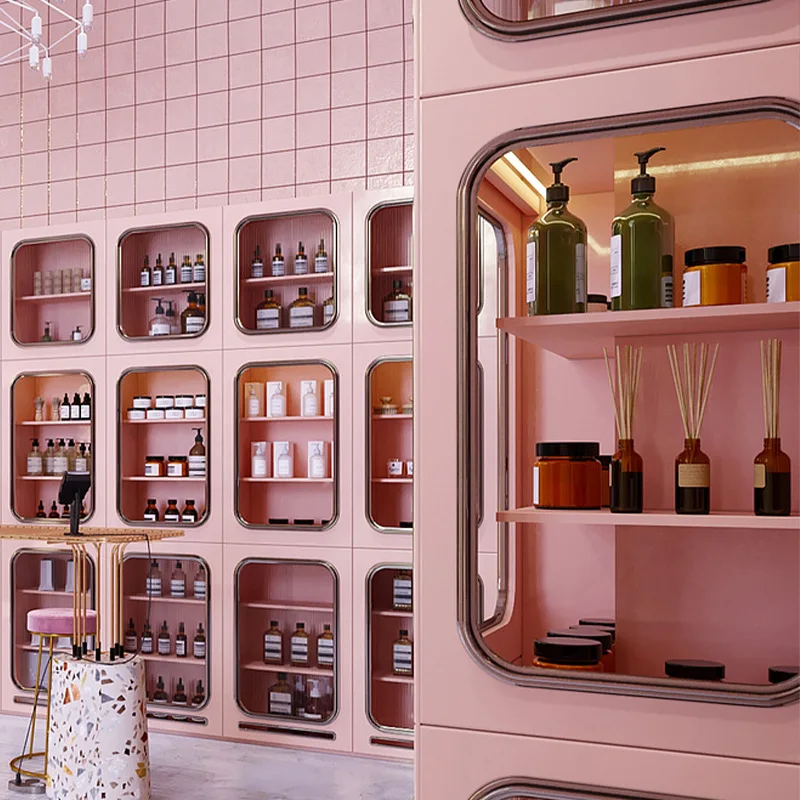 Luxury Furniture Manufacturing Custom Cosmetic Skin Care Shop Design Decor Wooden Pharmacy Display Shelves Design
