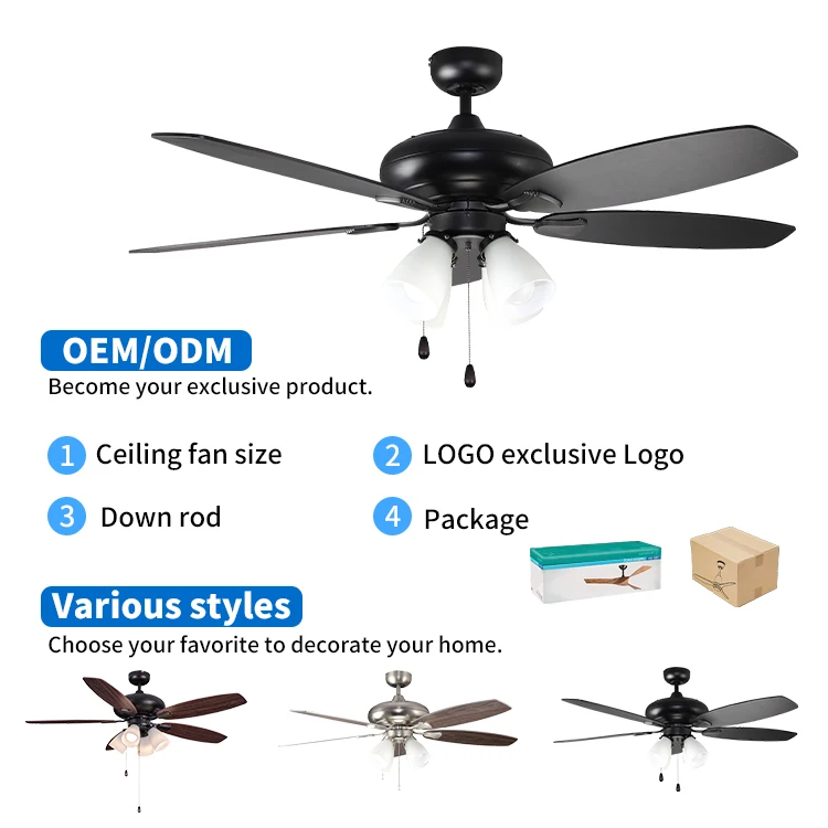Modern Design Silent 5 Blades Black Led Ceiling Fans 52 Inches Decorative Ceiling Fan For Bedroom