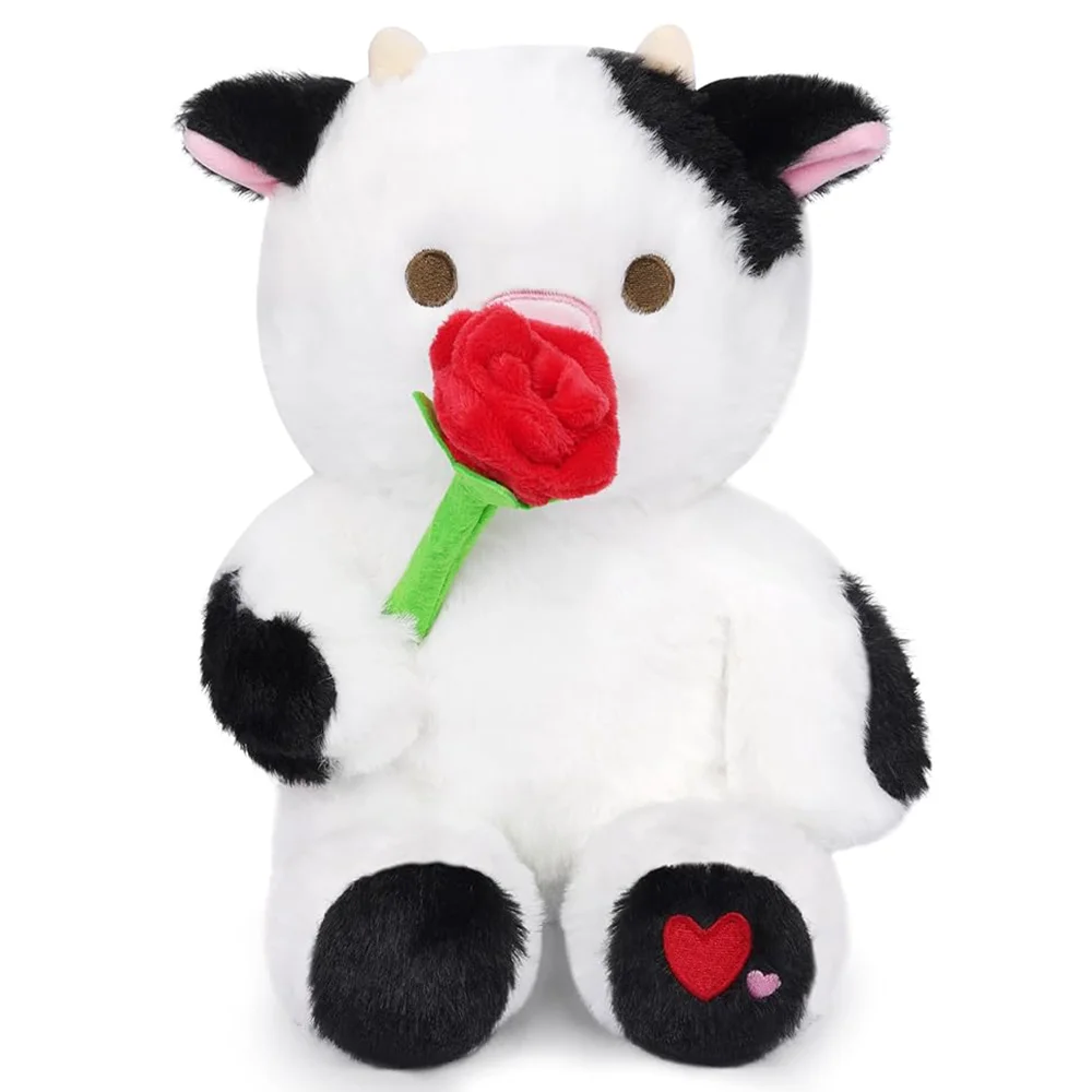 8in Skin-Friendly Cow Stuffed Animals with Red Rose Lovable Elegant Stuffed Cow for Mom Girlfriend