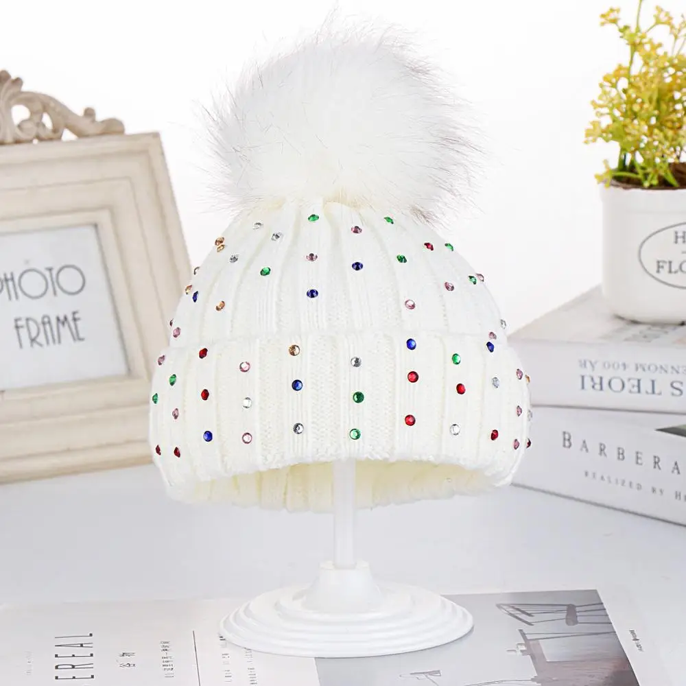 Europe autumn and winter color diamond wool knit children hat earmuffs cap wholesale cute warm color rhinestone kids knit hats