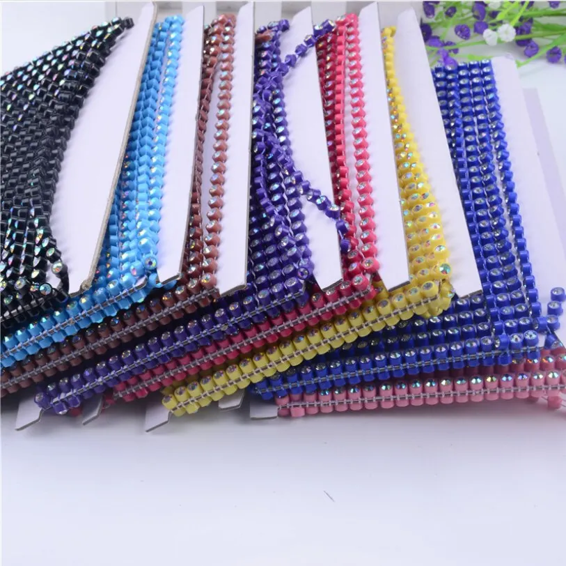 Manufacture AAA Chaton Stone Ss6 Ss8 Ss12 Sparkling Ab Coating Plastic Banding Rhinestone Trim 10 Yards