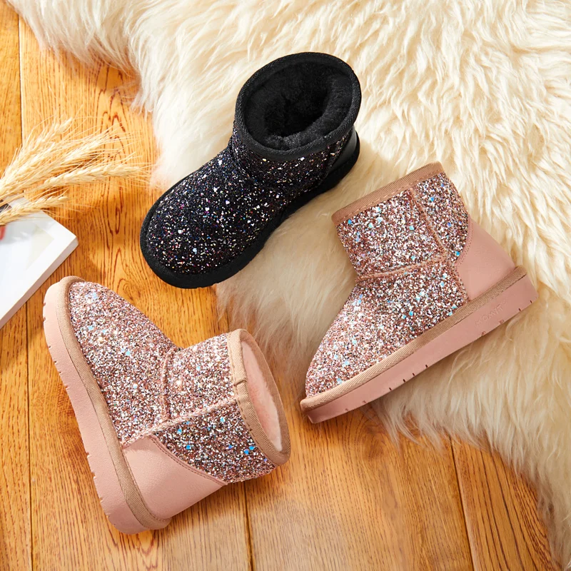 winter children slip-on shoe shiny glitter sparkle sheepskin luxury snow boots for kids girl