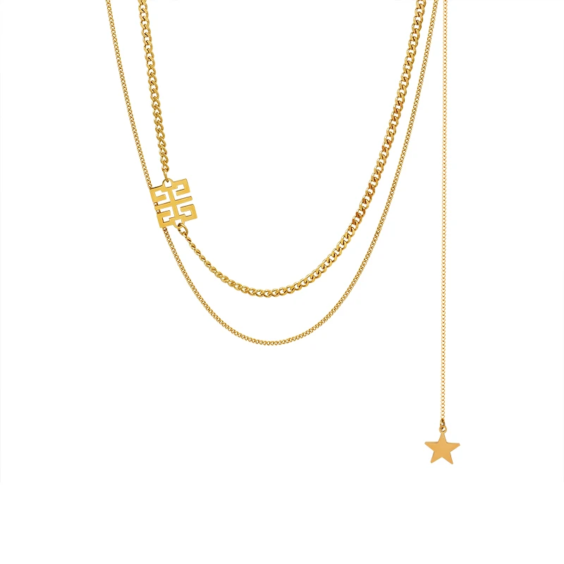 Chinese Elements Long Tassel Pendant Xi Word Double Layer Wear Women Clavicle Choker Titanium Steel Jewelry Necklace