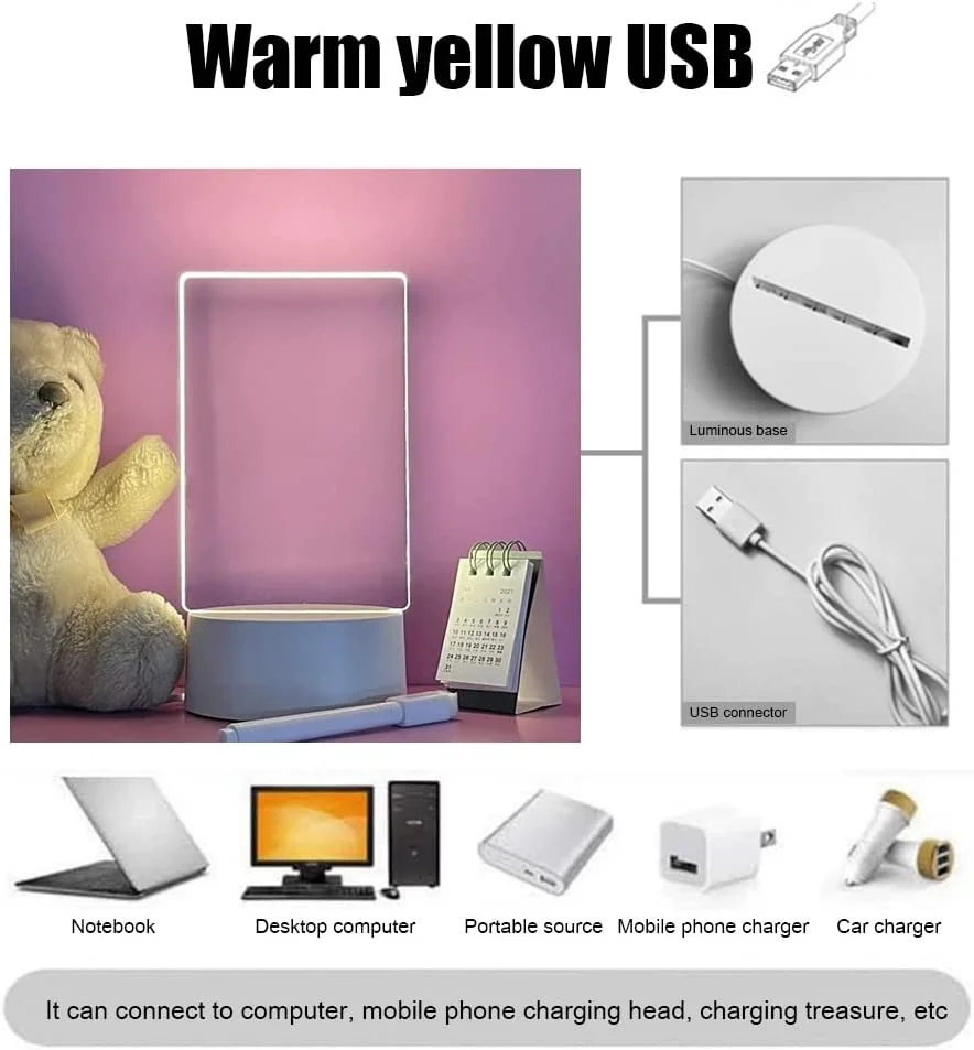 Low MOQ Custom Creative 3D LED Colorful Night Light Acrylic Note Board Usb Message Board Lamp With Pen