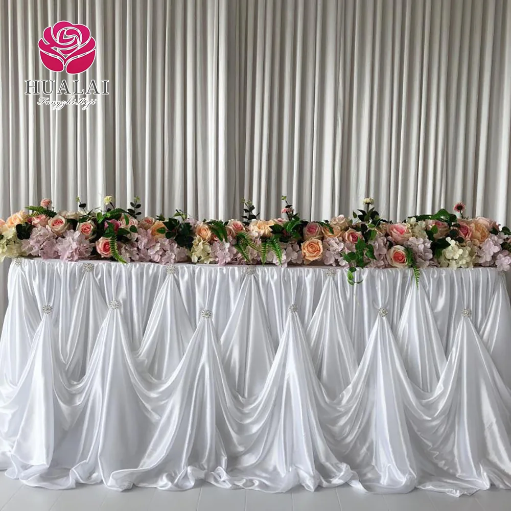high quality Luxury Fashion Design long table gold pooling icy silk beautiful table skirt skirting for wedding