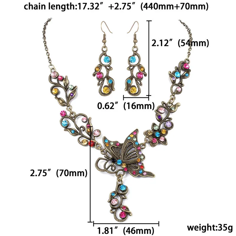 
Retro Jewelry Set Butterfly Crystal Rhinestone Bridal Necklace Earrings Set For Women 