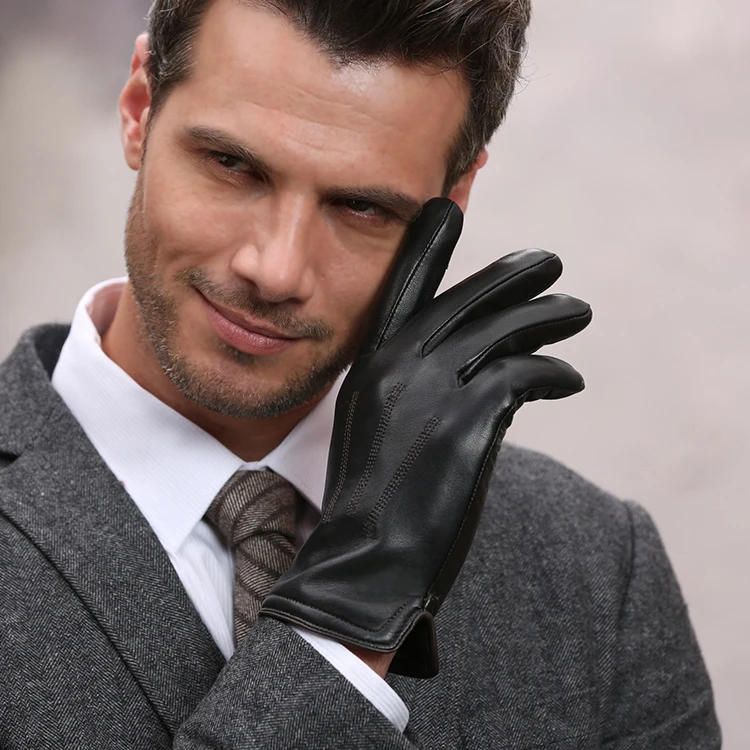 Black Brown Winter Warm Leather Driving Gloves Genuine Sheepskin Leather Gloves for Men OEM Plain Car Accessories for Winter