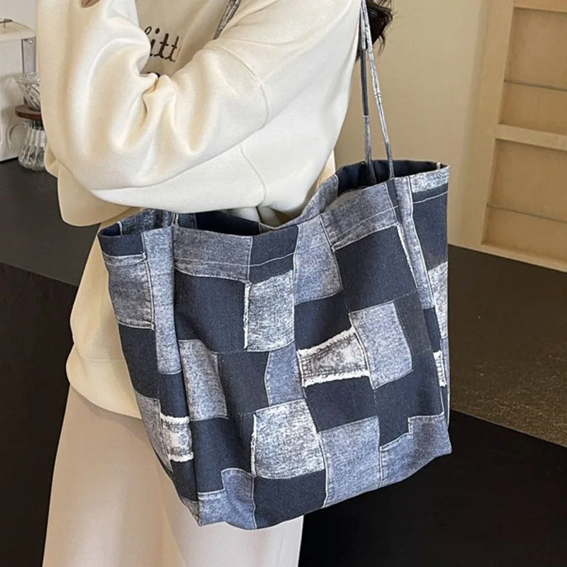 Dropshipping Products 2024 Chinese Online Markets New Women  Ladies Denims Patches Japanese Personalized Large Tote Bag Canvas