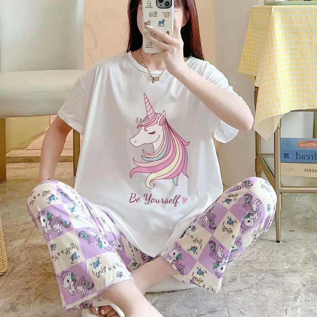 Wholesale summer pajamas women short sleeve pants large size female college students home wear 2 sets of cotton cartoon pajamas
