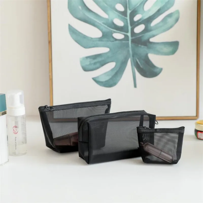 Nylon Mesh Cosmetic Bag Wash Bag Lightweight Portable Travel Storage Bag Factory Direct Sale Black Makeup Storage LS Zipper