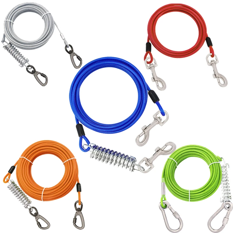 Pet Double Heads Steel Wire Tie Out Leash Chew Resistant Dogs Metal Leash Tie Out Cable Leash for Dogs Camping Outdoor Yard