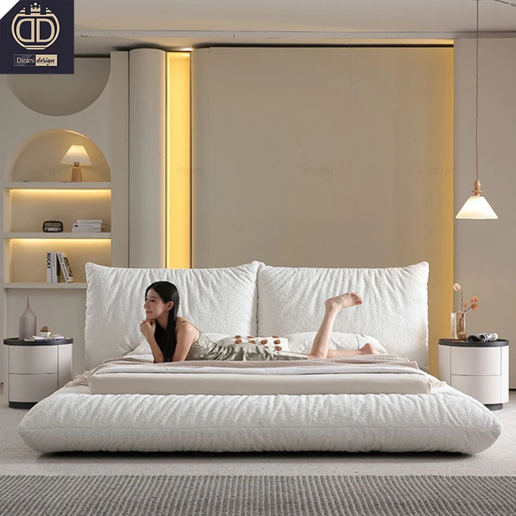 Japanese style white wabi sabi home decor bedroom furniture bed frame modern minimalism fluffy cotton teddy boucle fabric bed