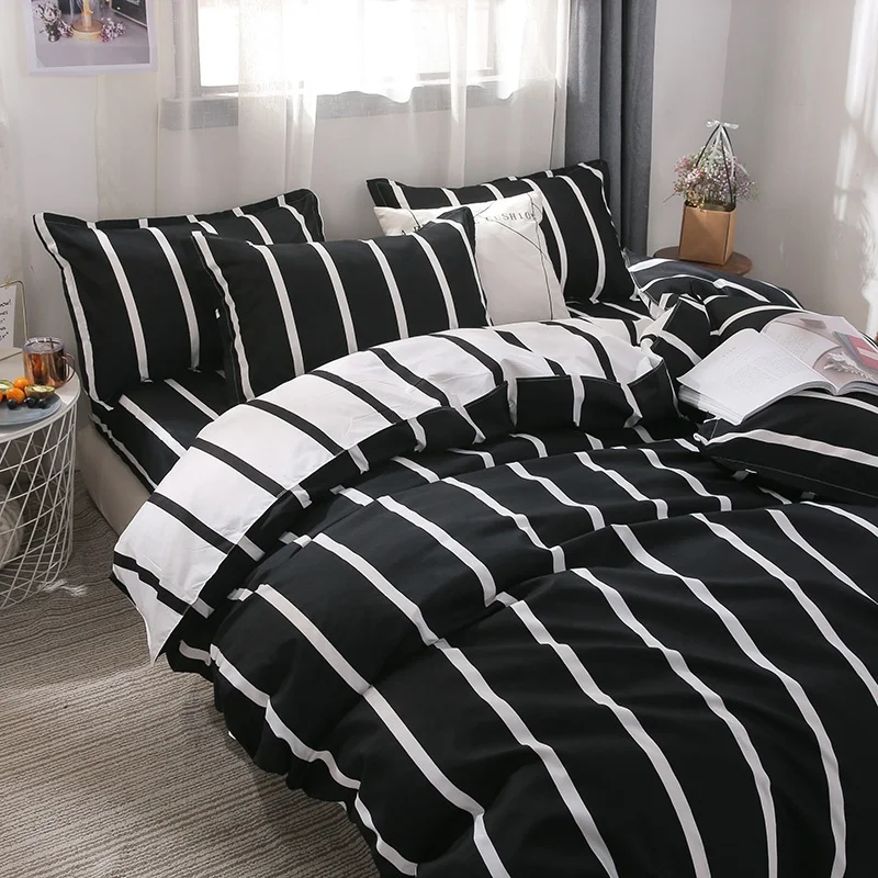 
Nantong Factory Cheap 4pcs Black White Stripe Double Queen King Size Bed Sheet Duvet Cover Bedding Set 