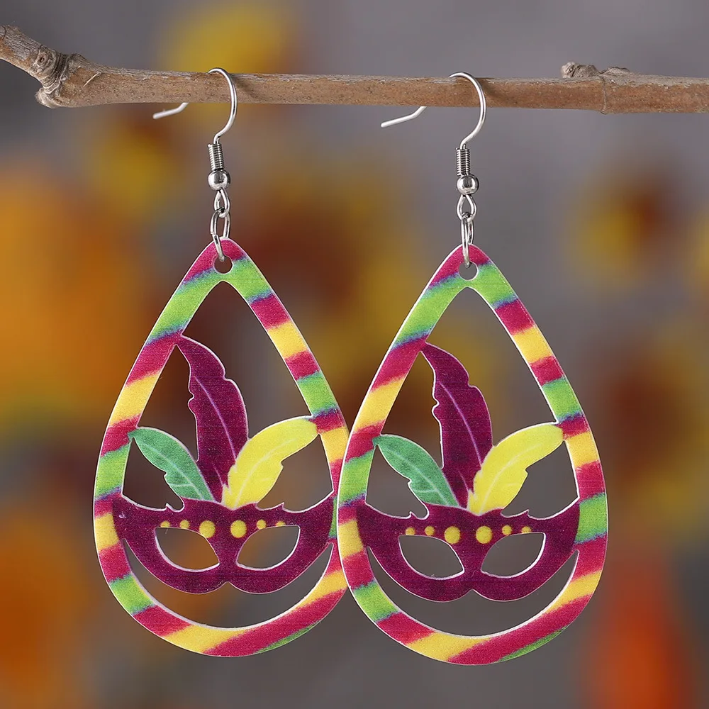 Colorful Shiny Mardi Gras Festive Jewelry Earrings Hollowed Out Mask Dangle Drop Acrylic Earrings Carnival Ear Jewelry Gifts