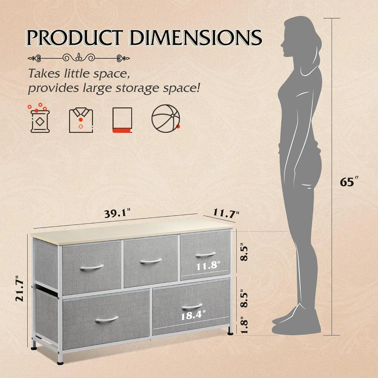 Living Room Hallway Light Grey Storage Organizer Unit Fabric Bins Closet Dresser Bedroom 5 Drawers Wide Chest Fabric Dresser