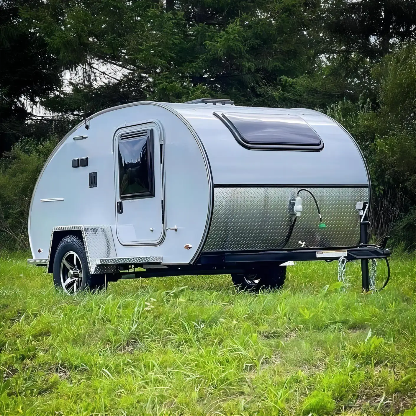 Small Teardrop RV Trailer Camper with Portable Solar Panel and Refrigerator Options