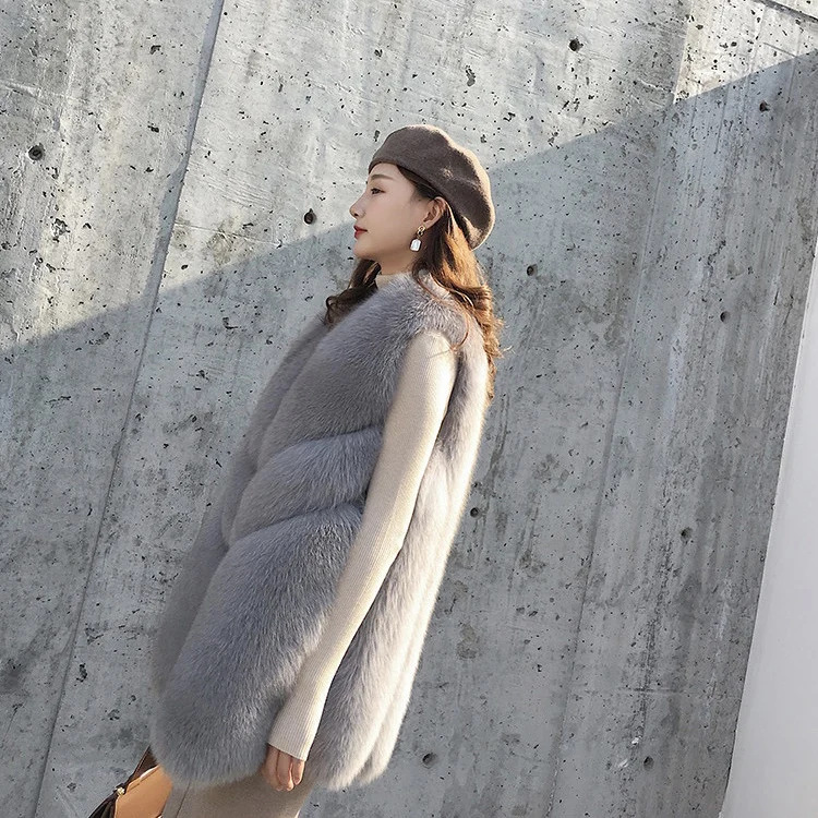 Cool Fashion Winter Fox Fur Gilet Warm Women Real Fox Fur Vest Ladies Grey Fur Vest