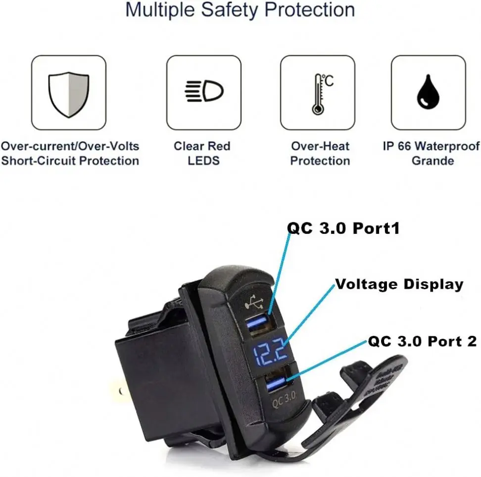 Quick Charge 3.0 Dual USB Rocker Switch QC 3.0 Fast Charger LED Voltmeter for Boats Car Truck Motorcycle Smartphone Tablet