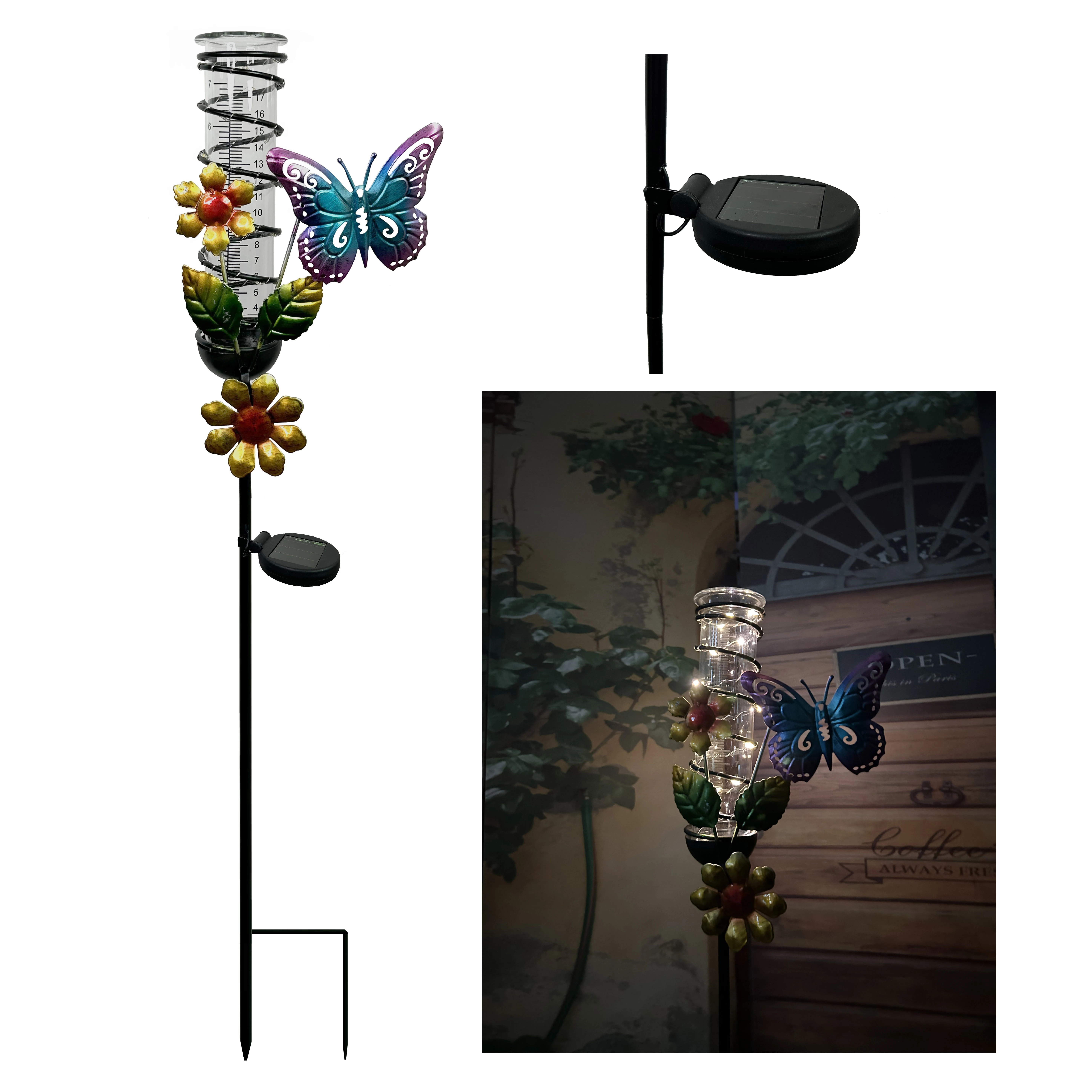Glass Tube Rain Gauge Metal & Ladybug & Hummingbird with Solar Lights Rain Gauge Stake for Garden Decor