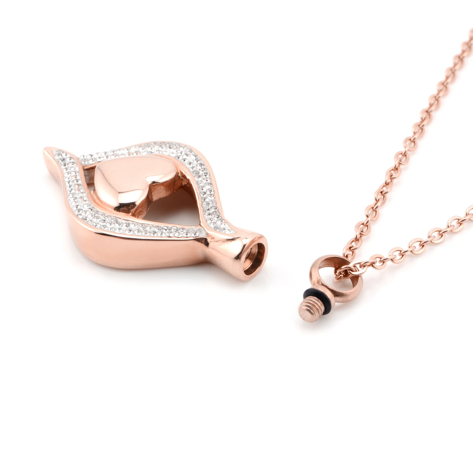 Crystal Pave Heart Stainless Steel Cremation Urn Locket Necklace Pendant