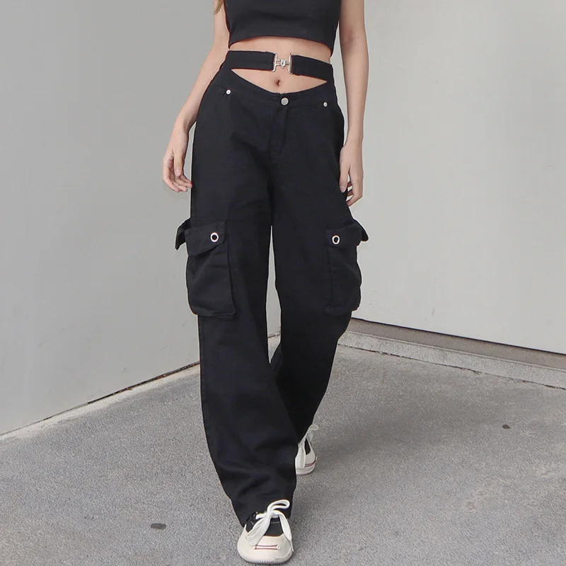Boyfriend style buckle waist denim cargo pants high waist wide leg baggy women jeans