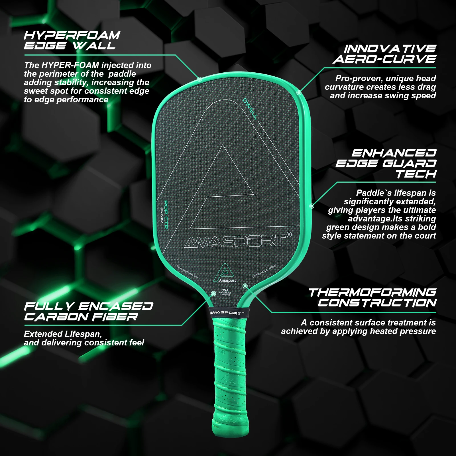 AMA Sport DWELL Custom Green Titanium T700 Raw Carbon Fiber Weave Thermoformed USAPA Pickleball Paddle with Elongated Handle