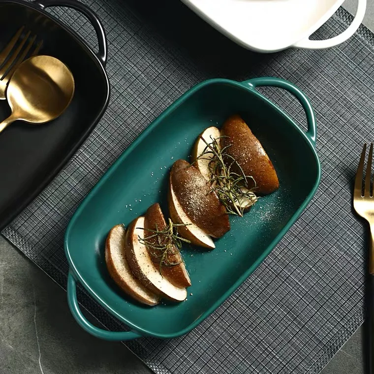 Rectangular cake microwave bakeware ceramic dinner set nordic baking plate porcelain bakeware with handle baking dish