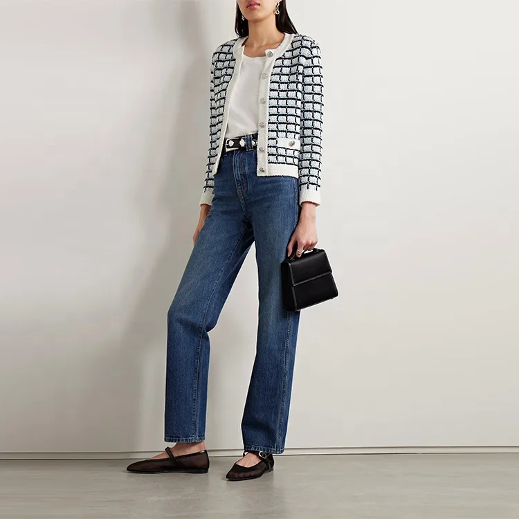 Knitwear Manufacturer Custom Spring Autumn crew Neck Long Sleeve Single Breasted Cotton Jacquard Knit Cardigan Sweater Women