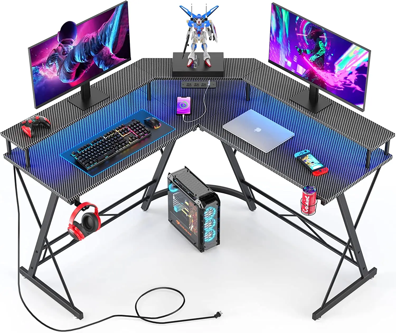 Gaming Desk with Led Lights and  Power Outlet L Shaped Computer Corner Desk