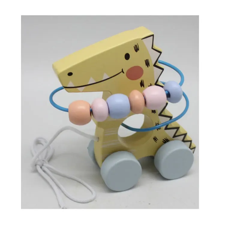 Toddler Baby Intelligent Educational Toys Yellow Dinosaur Shape Wooden Bead Maze Roller Coaster Walk Along Pull Toy For Children