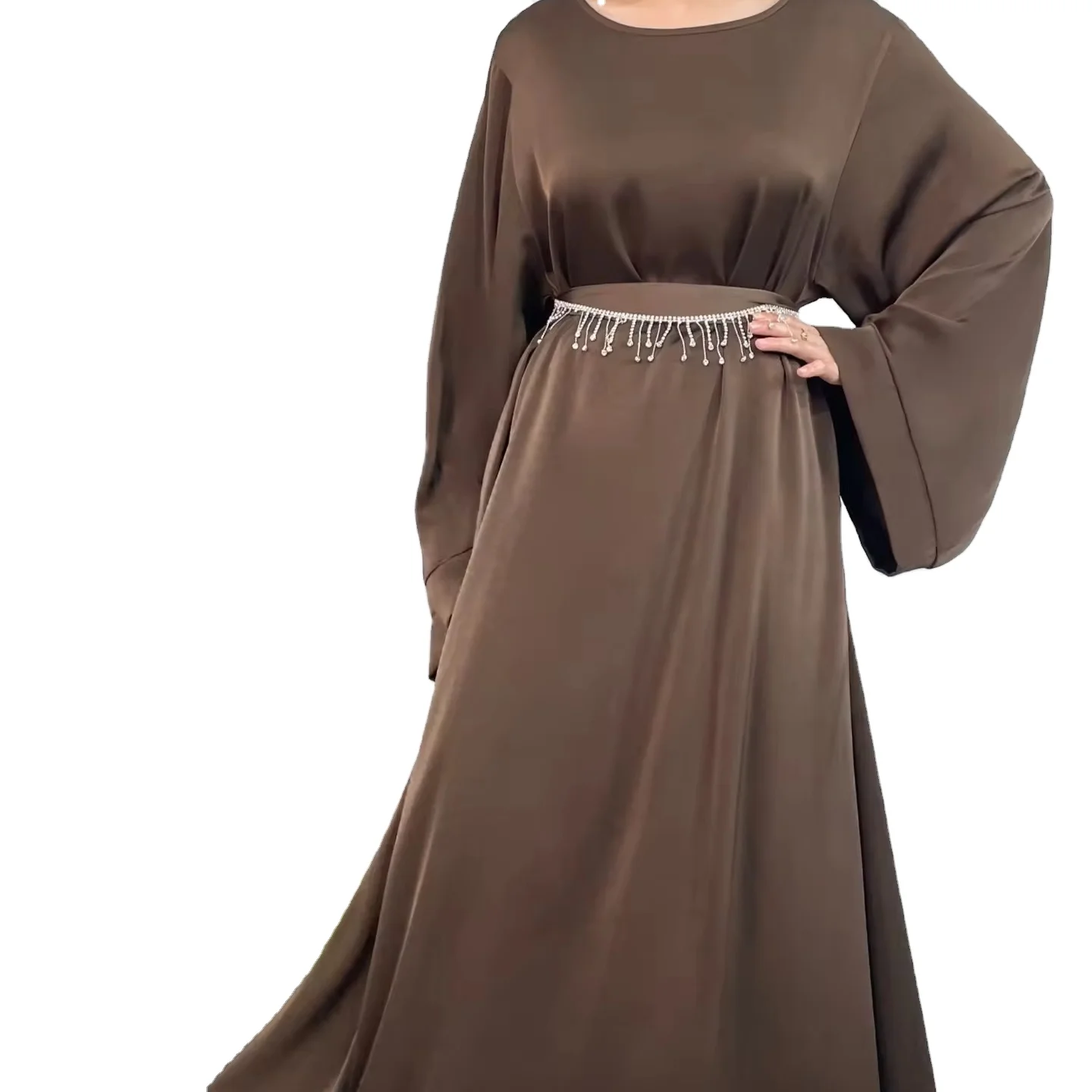 Latest Muslim Satin Dress with Rhinestone Belt Elegant Middle Eastern Large Size Robe Abaya