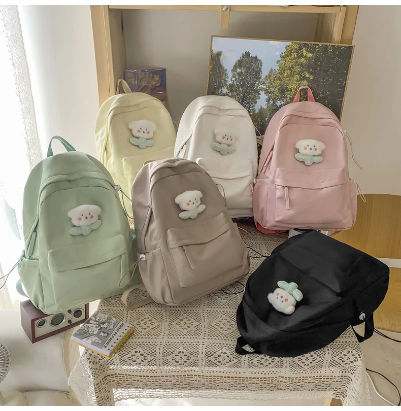 Customizable Green Nylon Waterproof School Backpack for Women Girls Summer Bag with Cute Decoration and Logo
