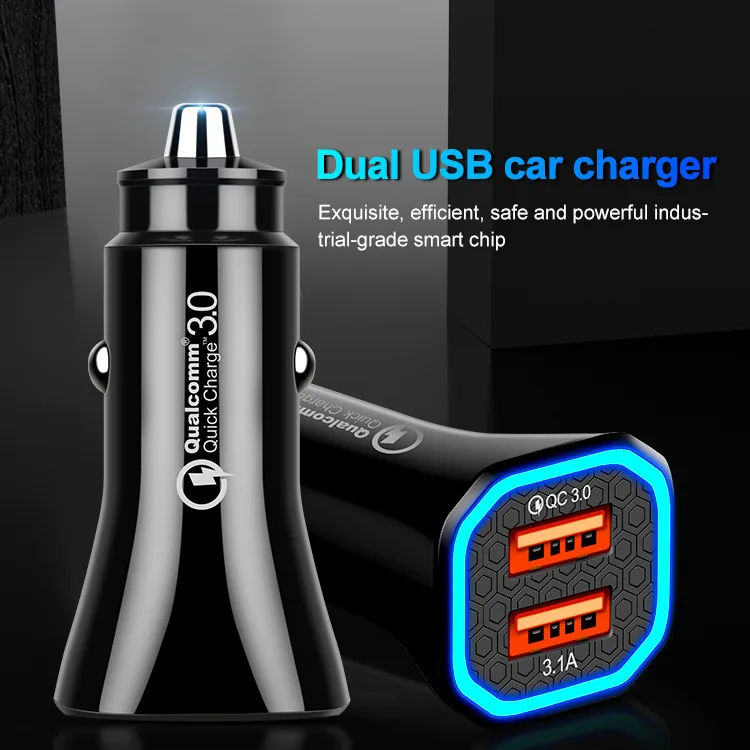Universal Smart Car Battery Charger 12v 24v Car Charger QC3.0 Dual Usb Cell Phone Charger Mobile Phone Black PE Bag OEM 2 X USB