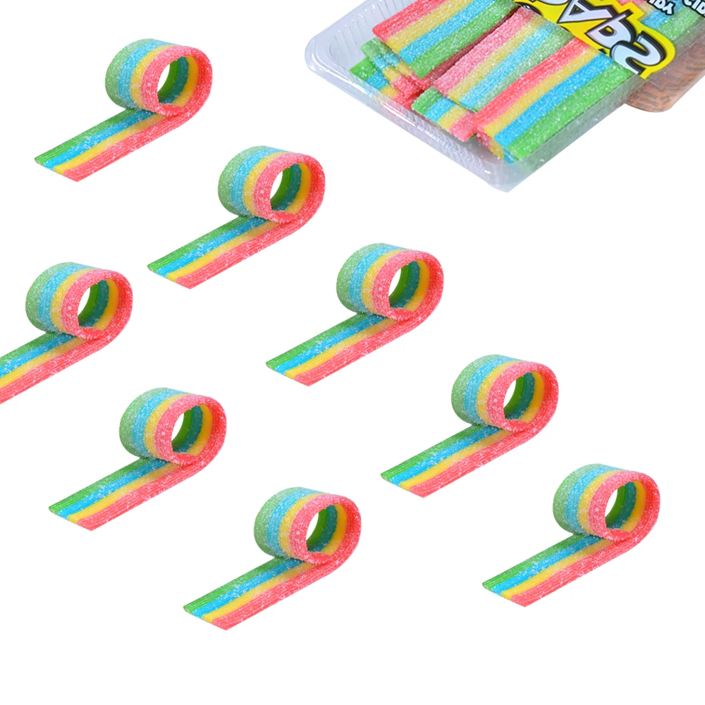 Амос 135 г упаковка оптовая продажа с сахарным покрытием рулон фруктовым ароматом разноцветный мягкий жевательные конфеты Радужный липкий пояс