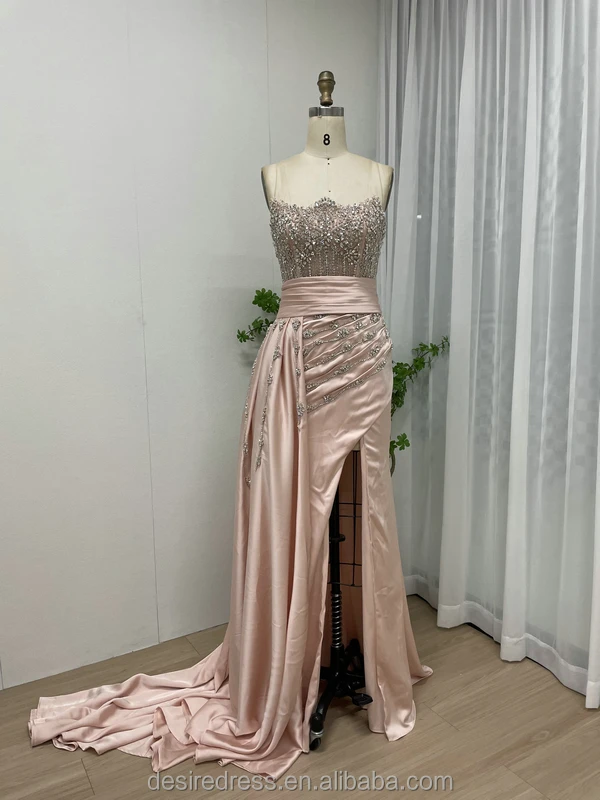 Stylish Sleeveless Off the Shoulder Beading Slit Evening Dresses Crystals Mermaid Prom Dresses With Detachable Train For Ladies