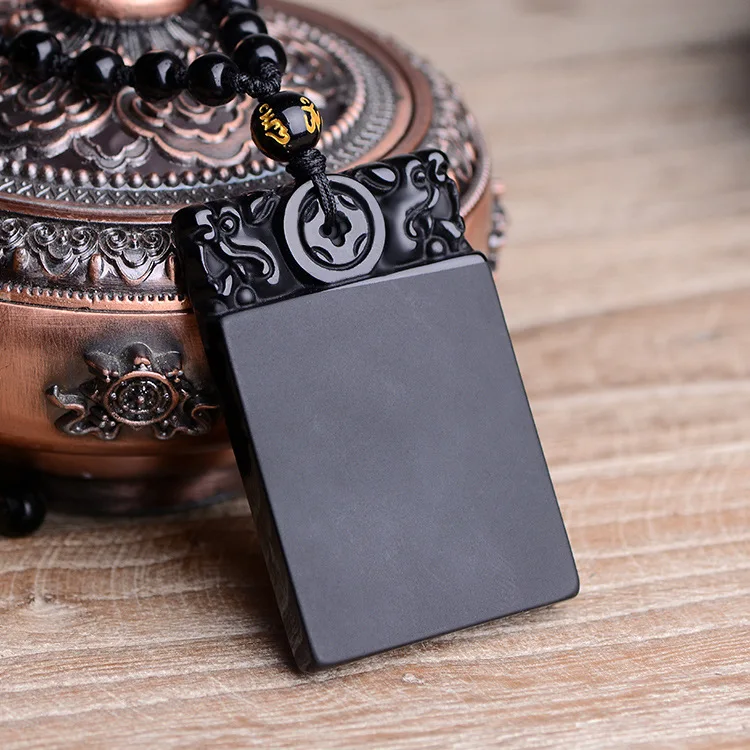 Natural Black Transparent Obsidian Square Natural Crystal Healing Energy Stone Man Pendant