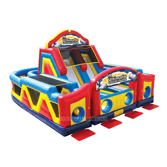 Commercial inflatable obstacle course with water slide blow up bouncy interactive for kids outdoor super fun