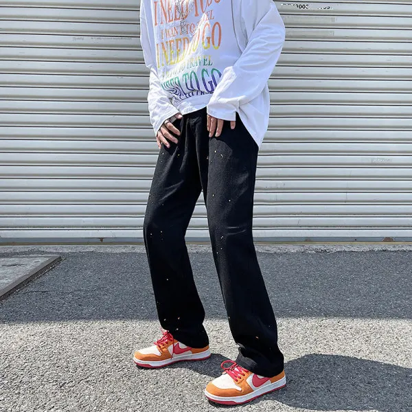 Black Stocked Factory Wholesale Jeans Oil Paint Streetstyle Oversized Wide Leg Jeans Loose Flared Jeans
