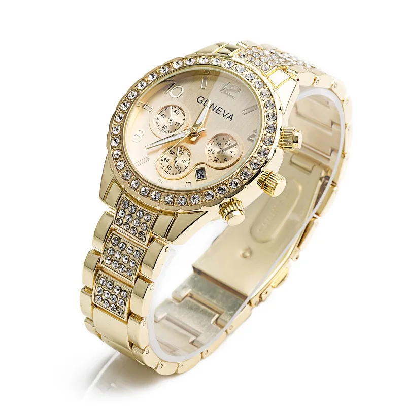 Geneva G-16 Women Stainless Steel Chronograph Quartz Ladies Gold Watch Luxury Casual Diamond Relojes Mujer