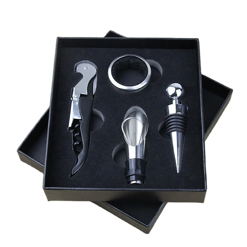 Amazon hot selling red wine corkscrew set seahorse knife corkscrew wine pourer stainless steel 4-piece set with hand gift box