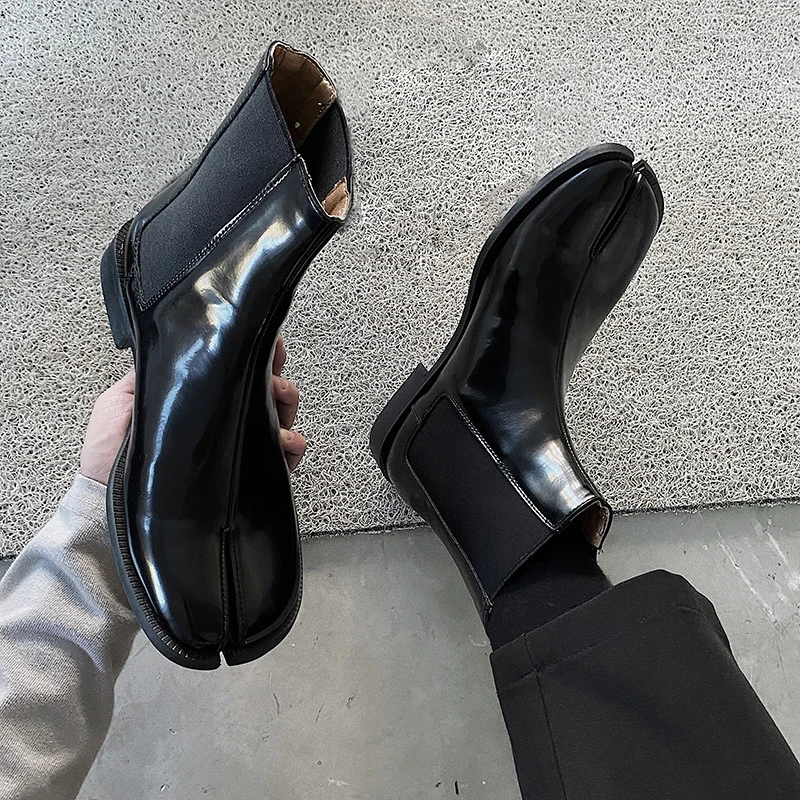 SHIKOL split toe ankle boots for women men fashion black patent leather big size 12 low heels ladies shoes stretch tabi boots