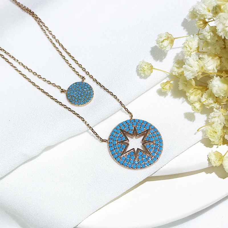 Round Turkey Wholesale Sterling Silver Polaris Blue Zircon Pendant Double Layer Chain Elegant Vintage Necklace Jewelry
