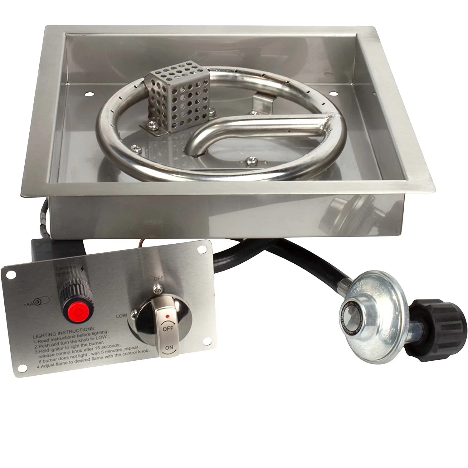 420mm x 420 mm Square Fire Pit Burner with Pan Kit, Flame Sensing, Stainless Steel, Propane Hose , Electronic Ignition