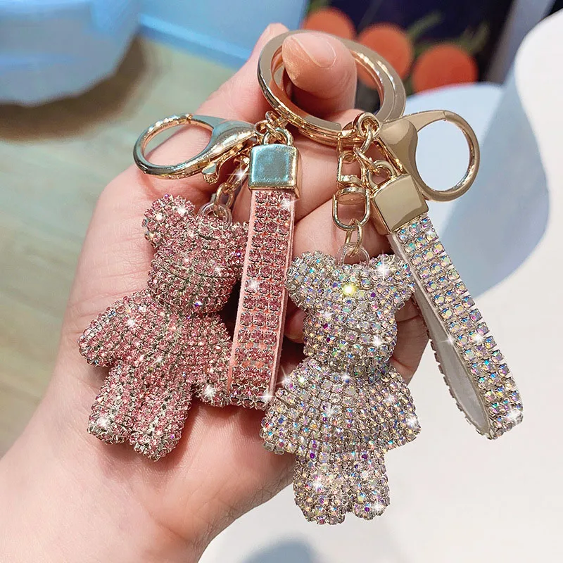 Charm Blingbling Pendant Crystal Cartoon Bear Keychain With Diamond Doll Accessories Gift Car Bag Pendant Rhinestone Key Ring