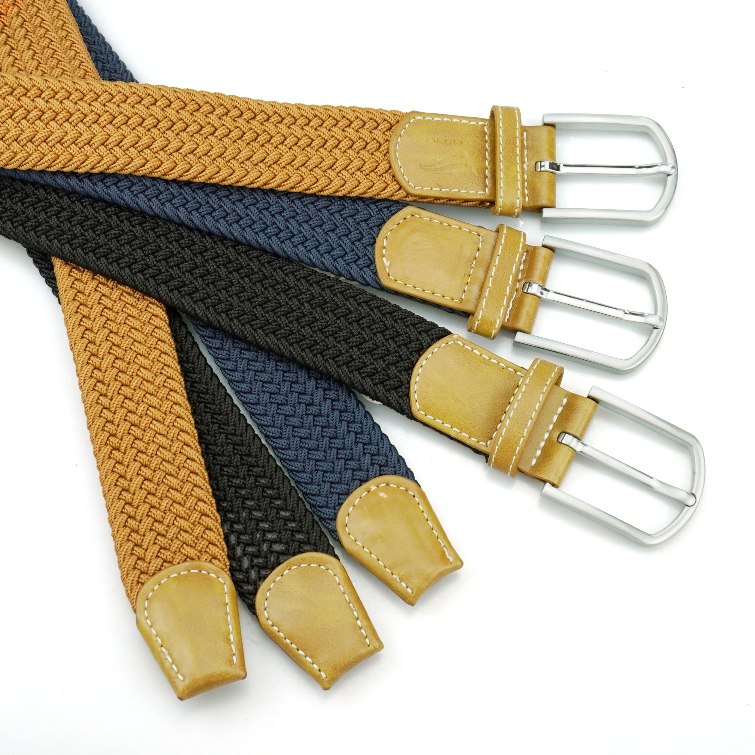 New style custom solid color woven stretching belts Casual knitted equestrian belt with Leather Tip and End