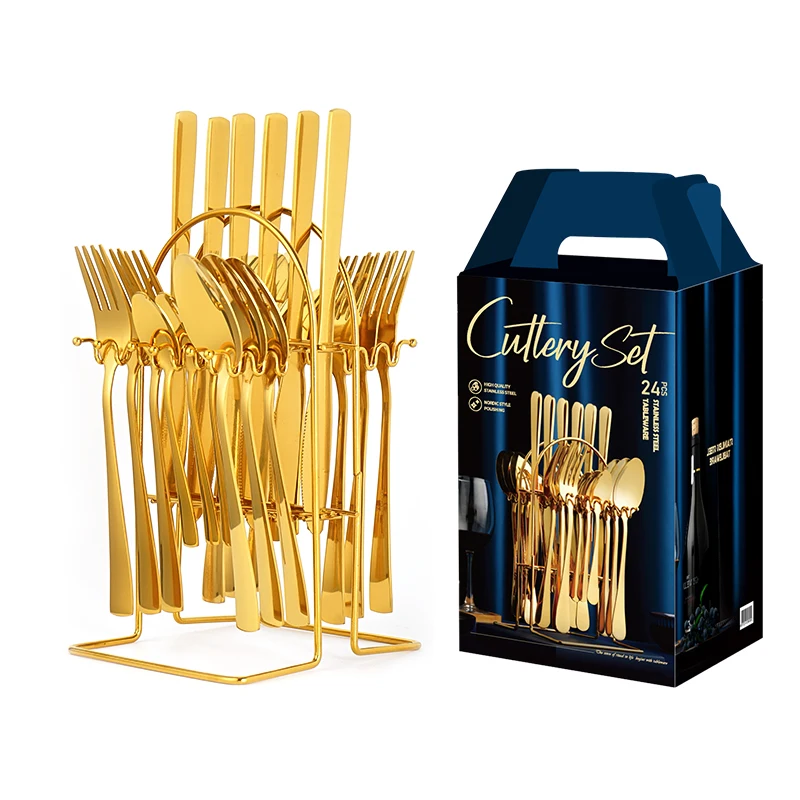Gold Cutlery suit Household With display shelf Square handle fork spoon knife set stainless steel kitchen Cutlery set Reusable